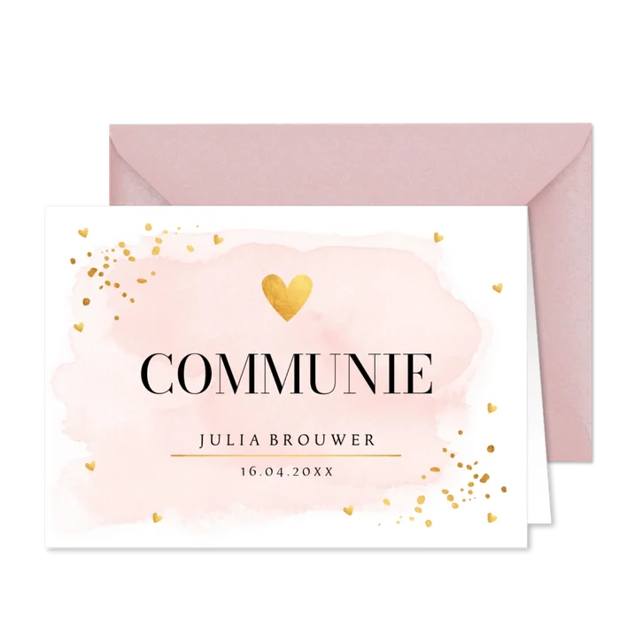 Communie uitnodiging meisje roze watercolour goudlook