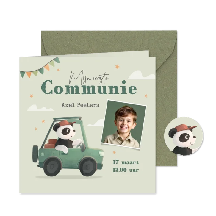 Communie uitnodiging panda auto wolken sterren foto slinger