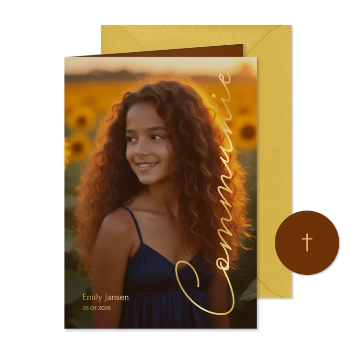 Communie uitnodiging stijlvol met grote foto en foliedruk