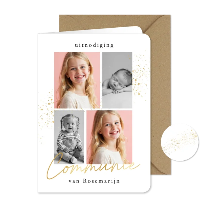 Communie uitnodiging wit met gouden spetters fotocollage