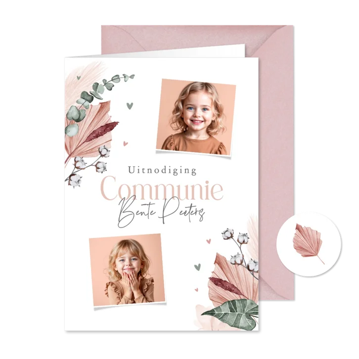 Communie uitnodigingskaart stijlvol droogbloemen katoen