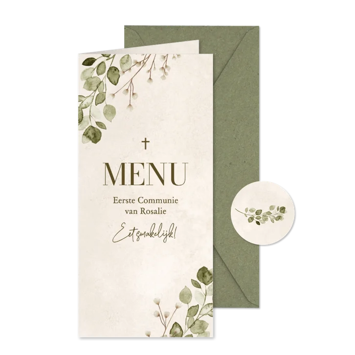 Communiefeest menukaart natuurlijk zand eucalyptus