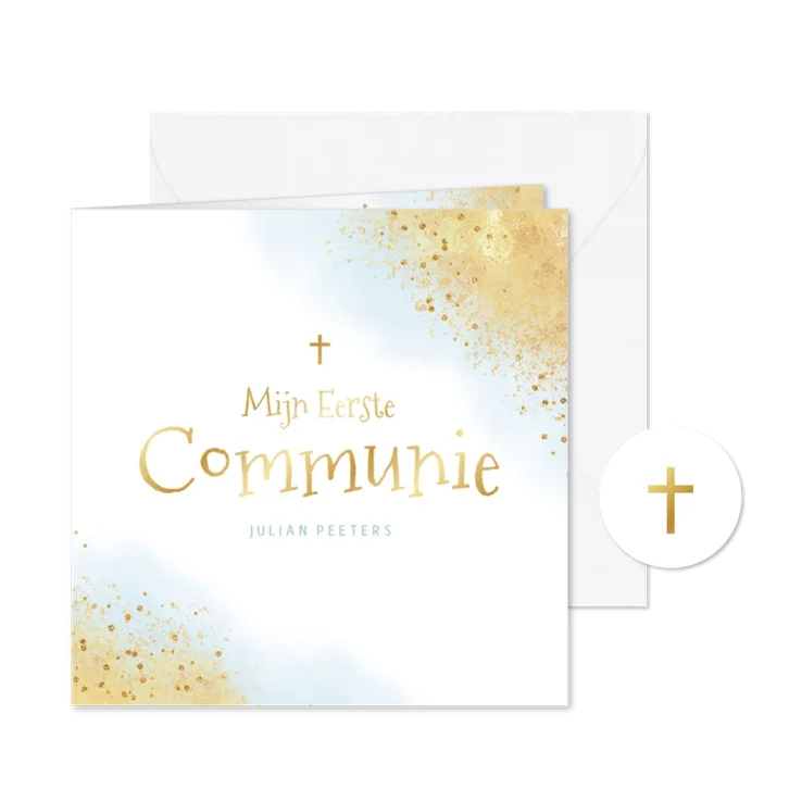 Communiefeest uitnodiging kruisje waterverf goud blauw