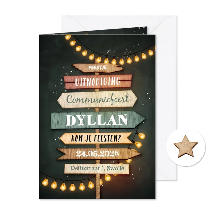 Communiefeest wegwijzers hout lampjes uitnodiging feest