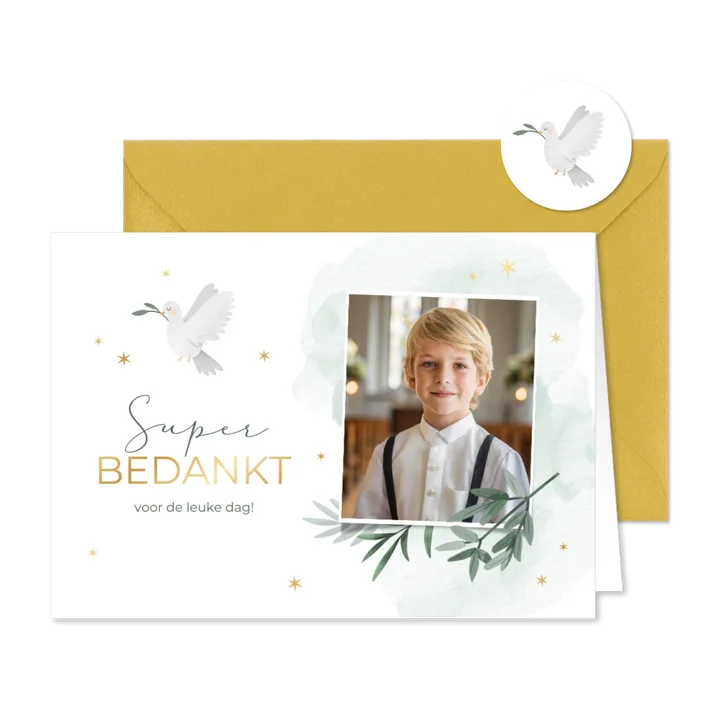 Communiekaart bedankt foto duif waterverf takjes