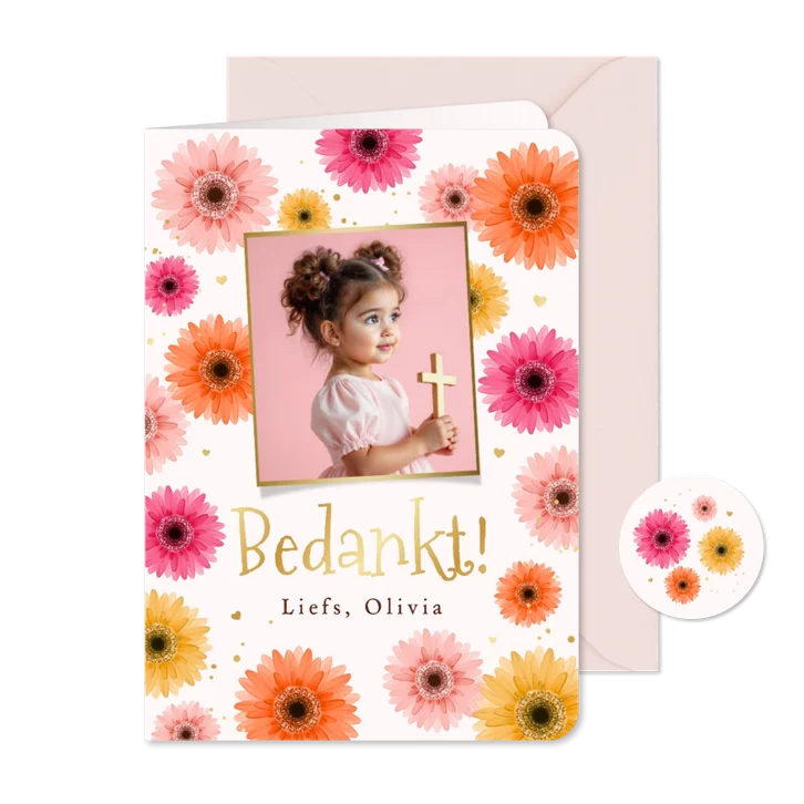 Communiekaart bedankt gerbera bloemen kleurrijk goud foto