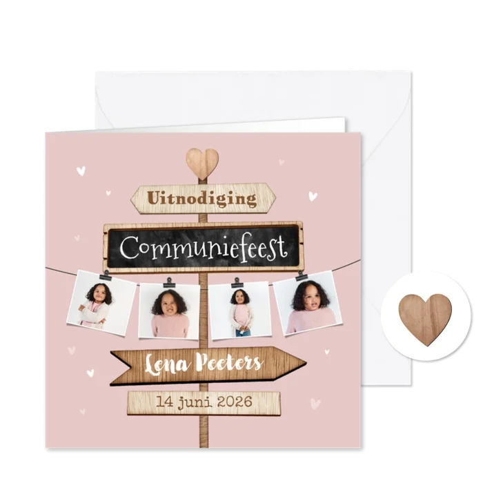 Communiekaart houten wegwijzers hartjes foto