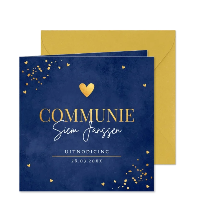 Communiekaart jongen donkerblauw goudlook hartje