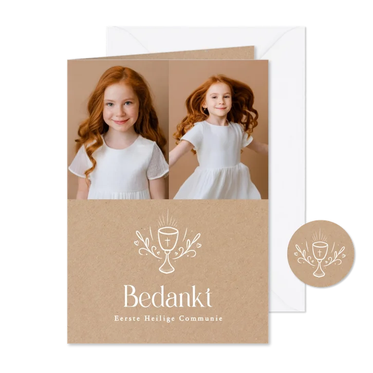 Communiekaart kraft met foto en kelk bedankt