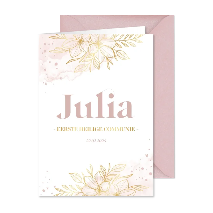 Communiekaart lief gouden bloemen met roze waterverf