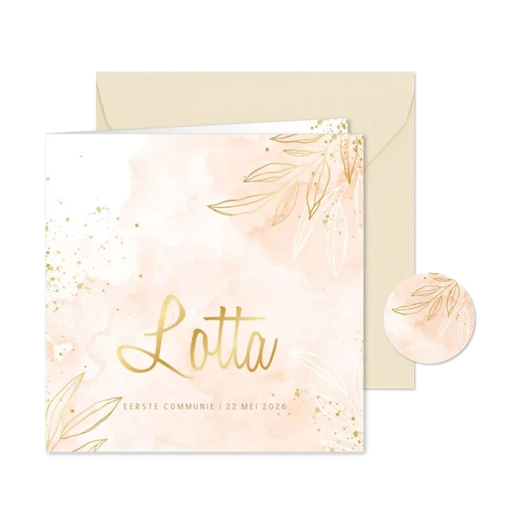 Communiekaart lief roze waterverf met blaadjes