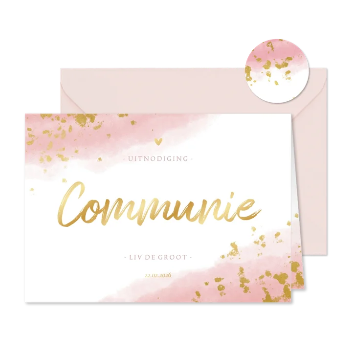 Communiekaart meisje met waterverf en gouden spetters