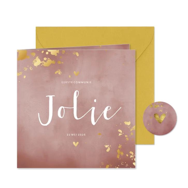 Communiekaart oud roze waterverf gouden spetters