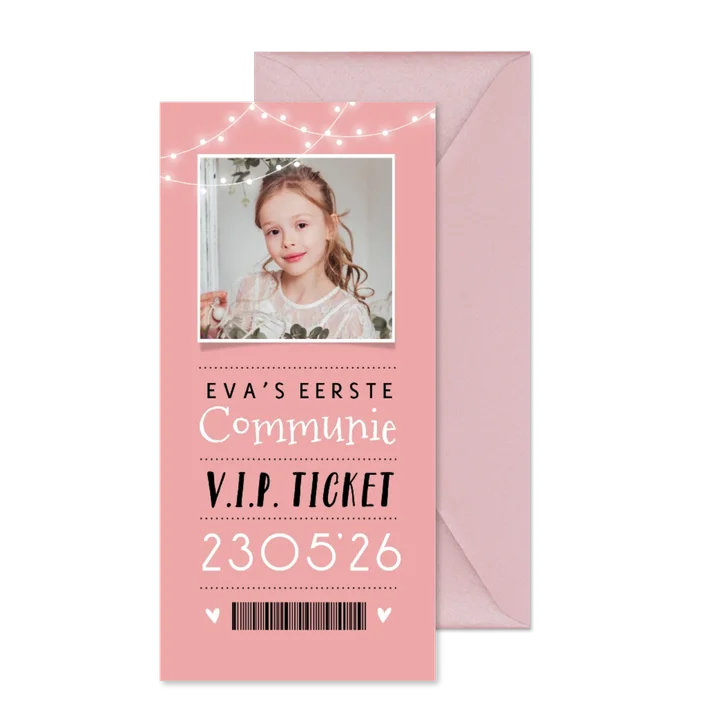 Communiekaart ticket lampjes feestje foto