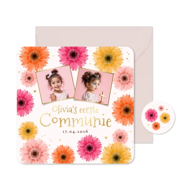 Communiekaart uitnodiging gerbera bloemen kleurrijk goud