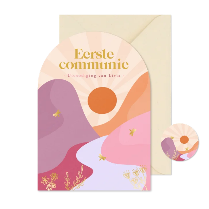 Communiekaart uitnodiging heuvels zonnig trendy kleuren