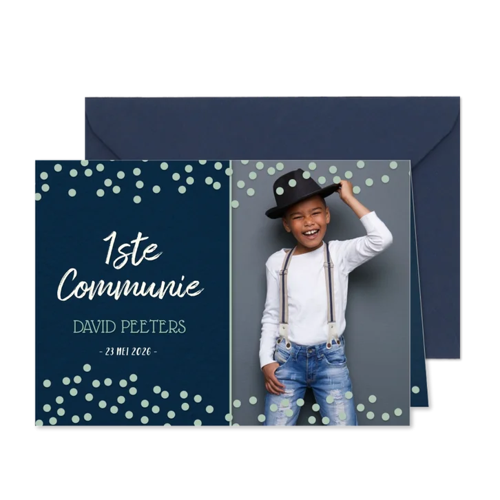 Communiekaart uitnodiging jongen - blauw met blauwe confetti
