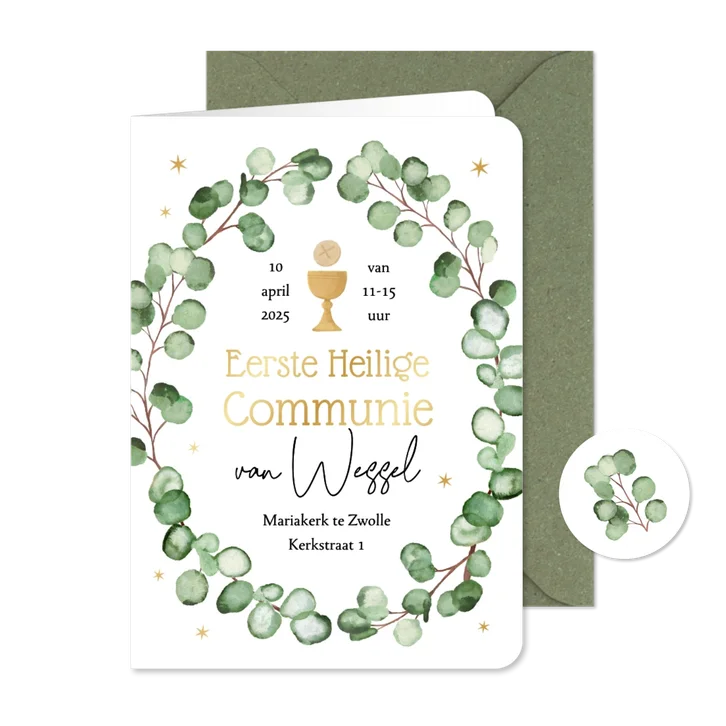 Communiekaart uitnodiging stijlvol waterverf eucalyptus goud