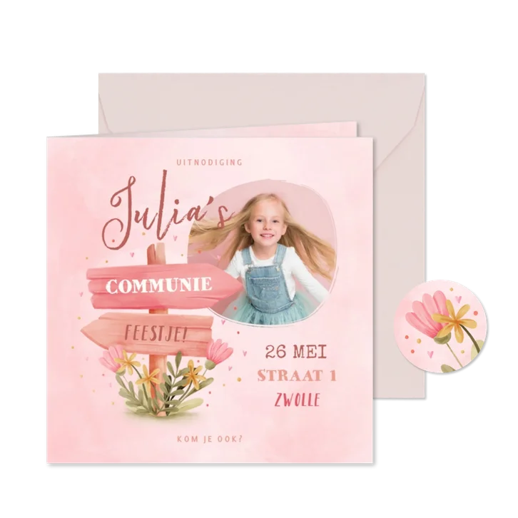 Communiekaart wegwijzer met foto, bloemen en hartjes