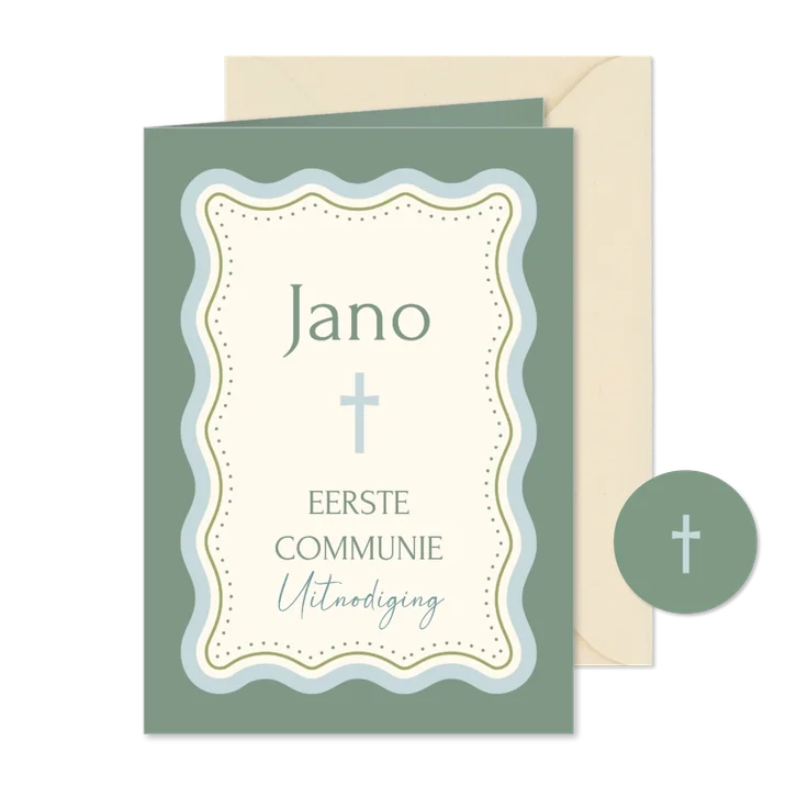 Communiekaartje uitnodiging groen met golvend kader