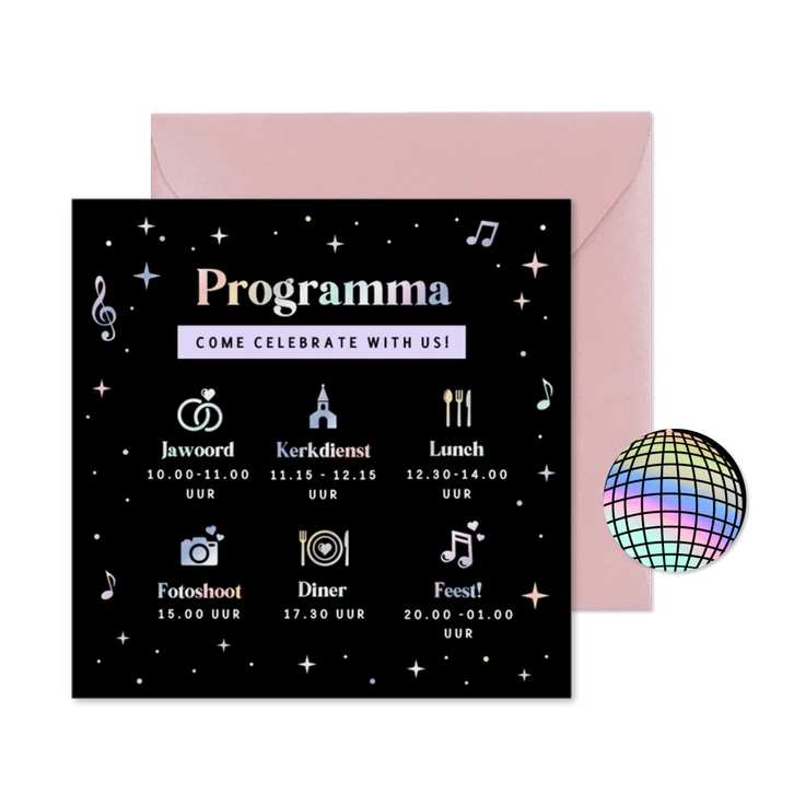 Dagprogramma kaart bruiloft in disco stijl met foliedruk