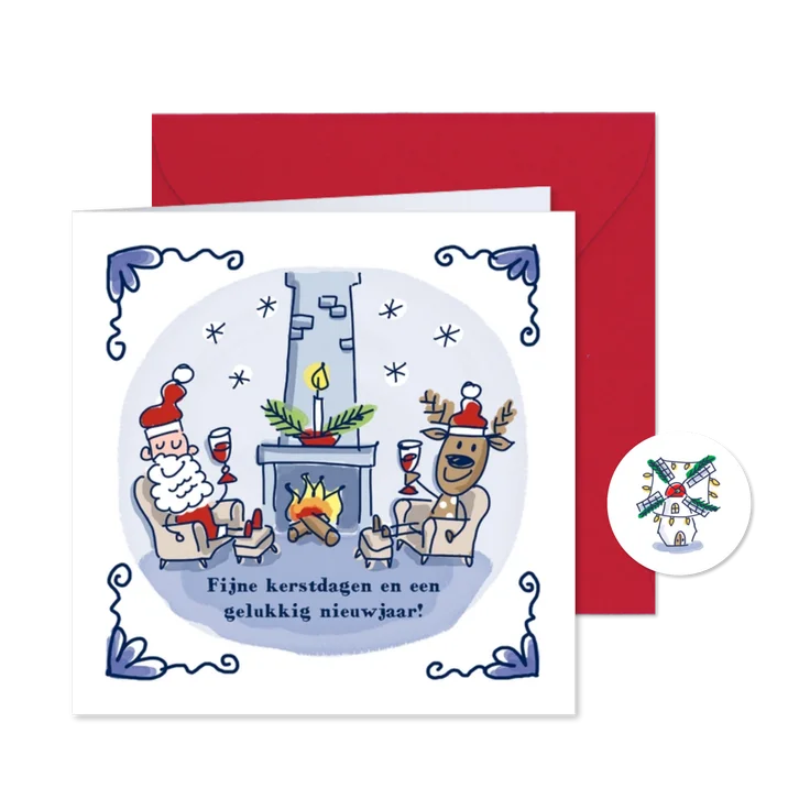 Delfts blauw kerstkaartje bij de open haard