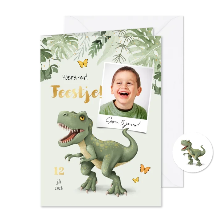 Dinosaurus kinderfeestje uitnodiging T-rex jungle bladeren