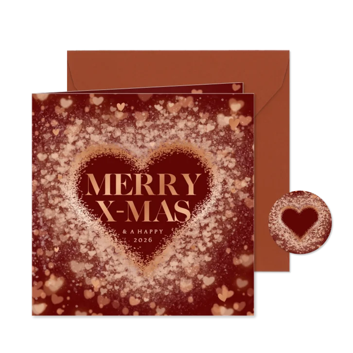 Donker rode kerstkaart met groot hart en koperen hartjes