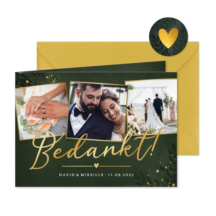 Donkergroene bedankkaart huwelijk met 3 foto's en goudfolie