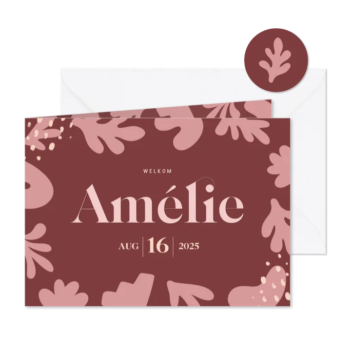 Donkerrood geboortekaartje met abstracte vormen en datum