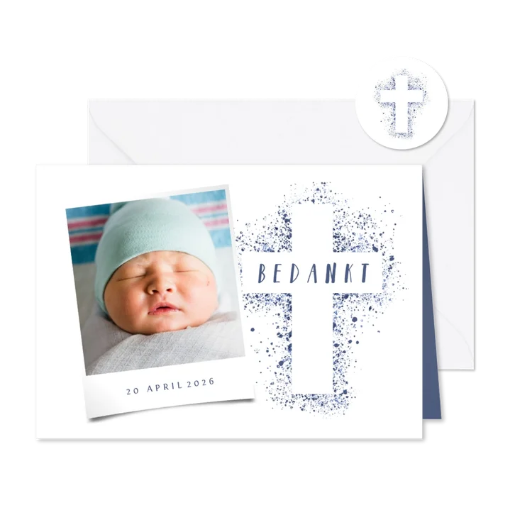 Doop bedankkaart foto blauw kruis verfspetters