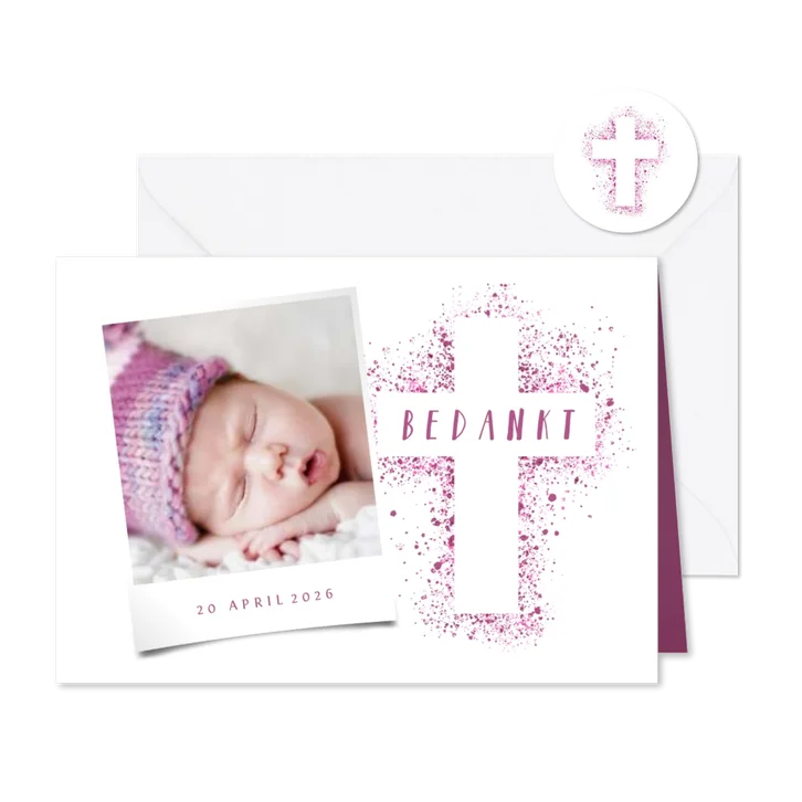 Doop bedankkaart foto roze kruis verfspetters