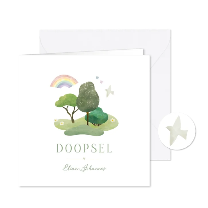 Doopkaart bomen, regenboog en duifje