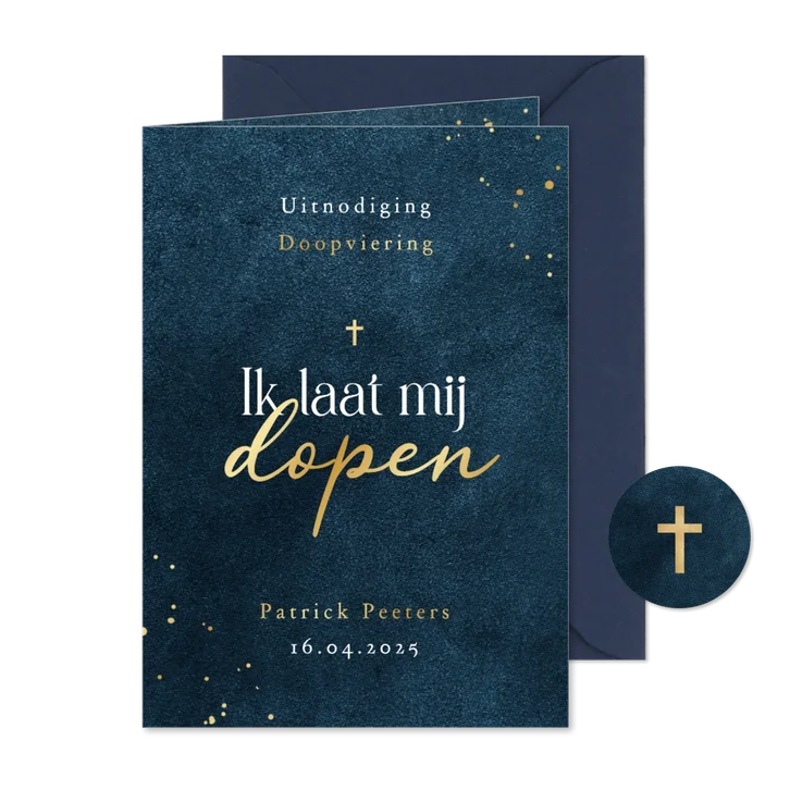 Doopkaart volwassen doop uitnodiging goud blauw kruisje
