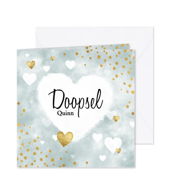 Doopkaart voor jongen met waterverf, hartjes en stipjes