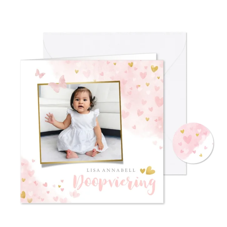 Doopuitnodiging foto & hartjes op aquarel