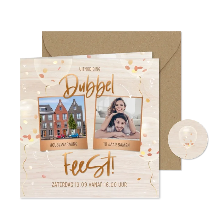 Dubbel feest houtlook uitnodiging met confetti 3d ballonnen