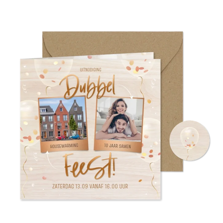 Dubbel feest houtlook uitnodiging met confetti 3d ballonnen