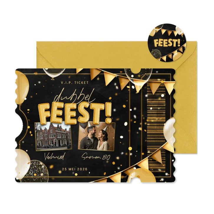 Dubbel feest ticket uitnodiging met ballonnen en confetti