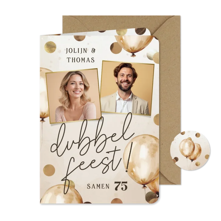 Dubbel feest uitnodiging met ballonnen confetti en foto's