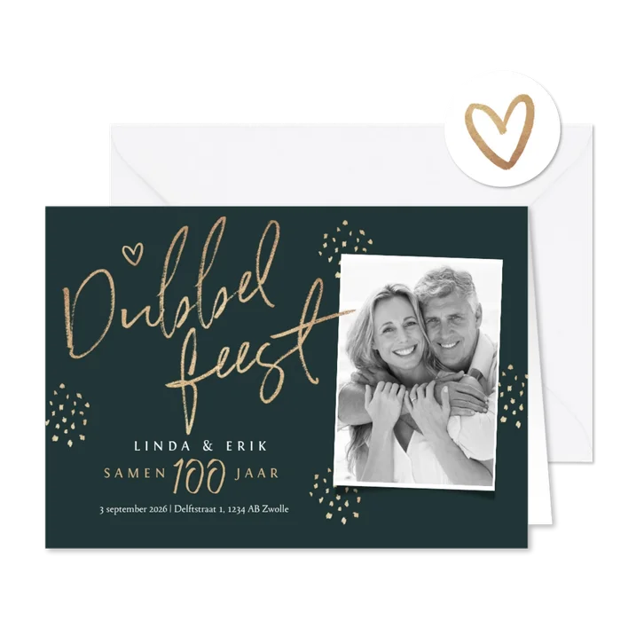 Dubbel feest uitnodiging samen 100 stijlvol goud foto