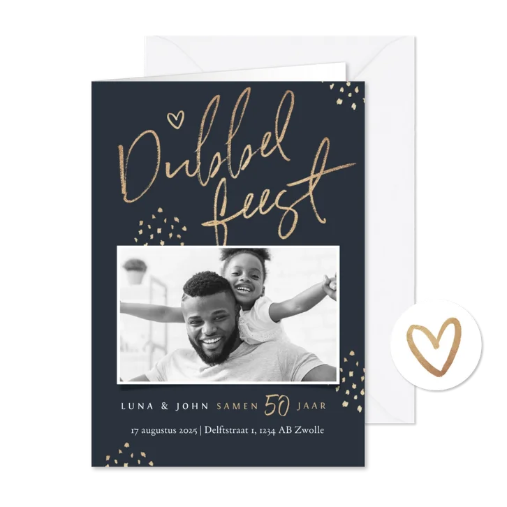 Dubbel feest uitnodiging stijlvol goud hartjes confetti foto