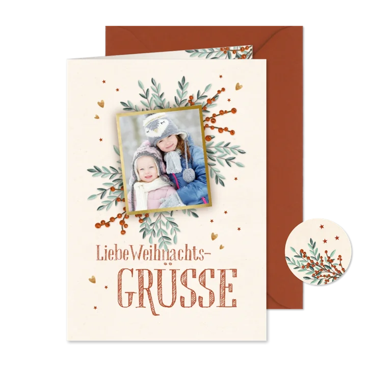Duitse Kerstkaart met een foto op takken