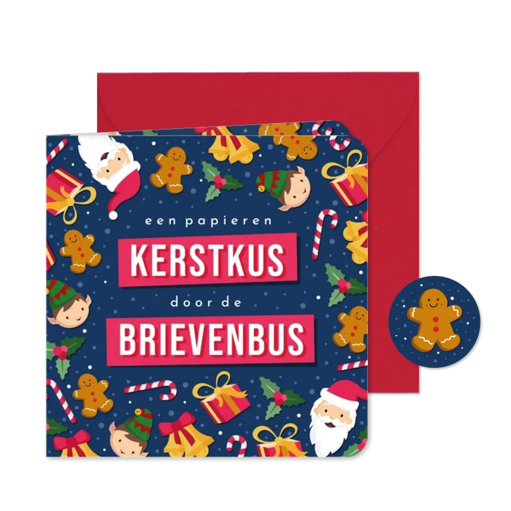 Een kerstkus door de brievenbus met kerstfiguurtjes