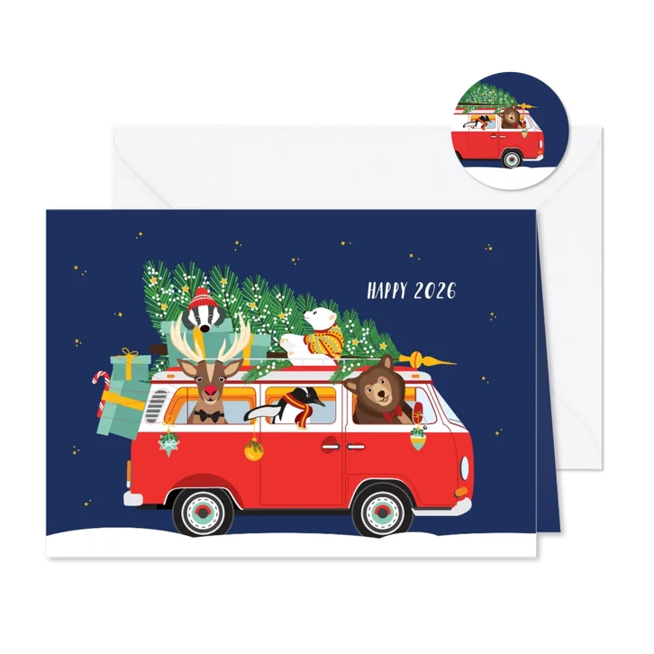 Een vrolijk Volkswagen busje vol kerst diertjes 