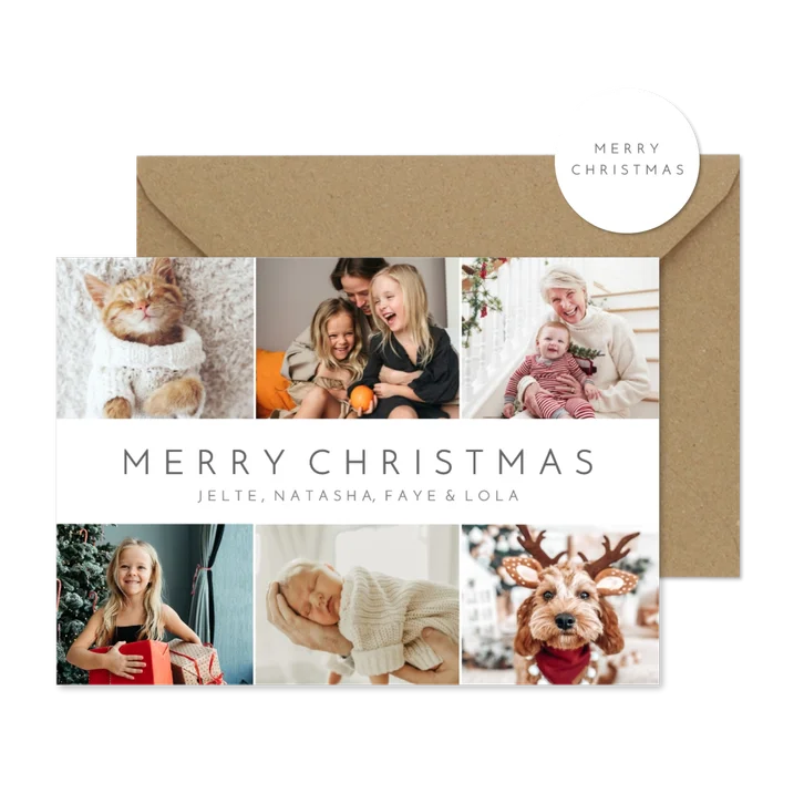 Eenvoudige witte fotocollage kerstkaart met 6 eigen foto's