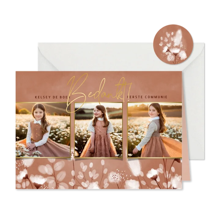 Eerste communie bedankkaart droogbloemen met foto roze