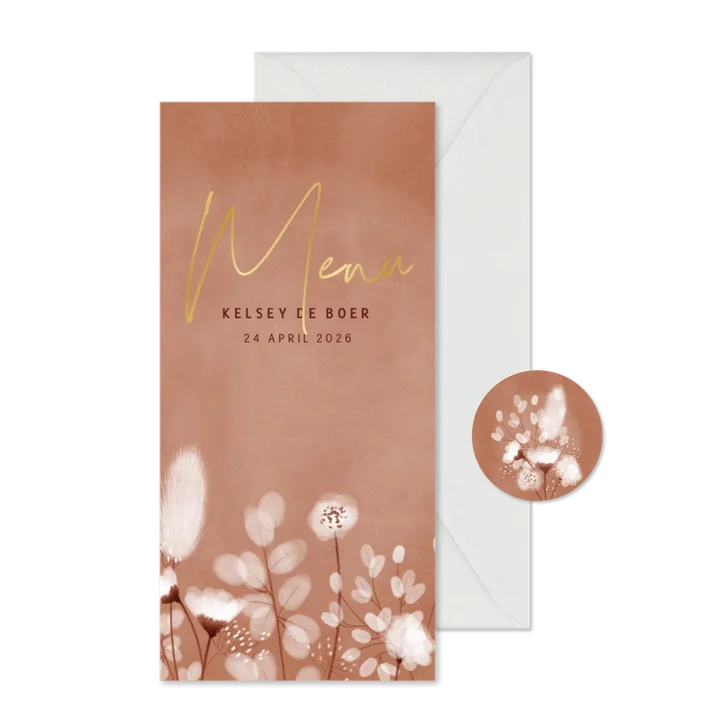 Eerste communie menukaart droogbloemen roze waterverf