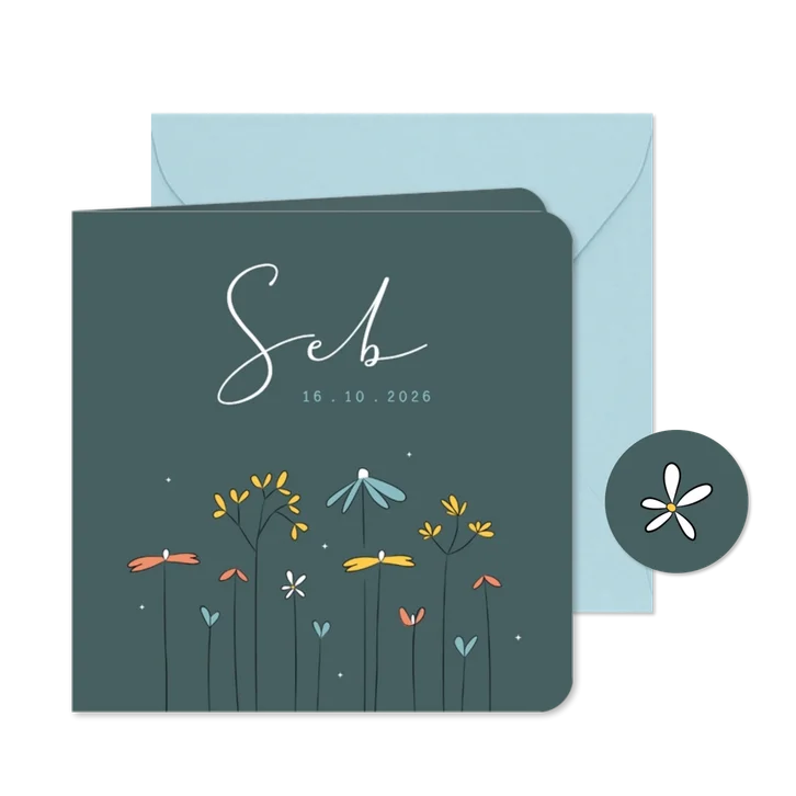 Eigentijds modern geboortekaartje illustratie wilde bloemen