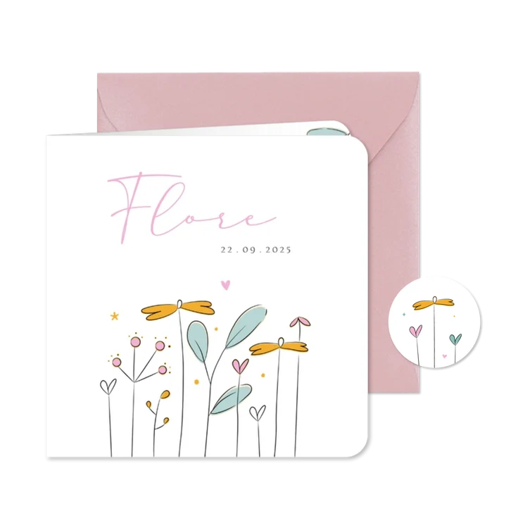 Eigentijds modern lief geboortekaartje illustratie bloemen
